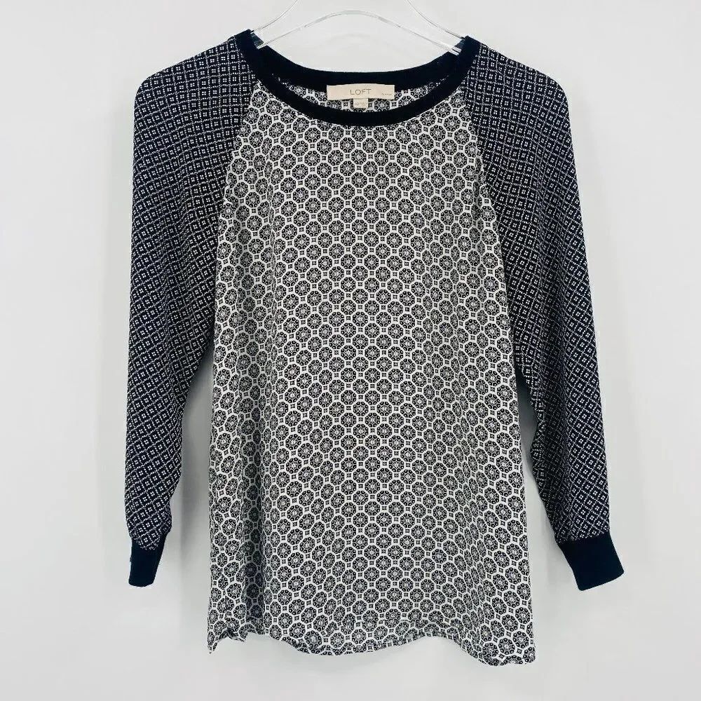 LOFT Size XXSP Black & White Geometric Print Long Sleeve Popover Blouse Top